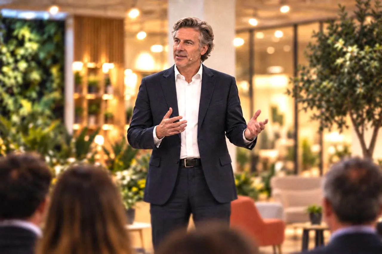 Un ponente se dirige a un auditorio de directivos en un evento empresarial