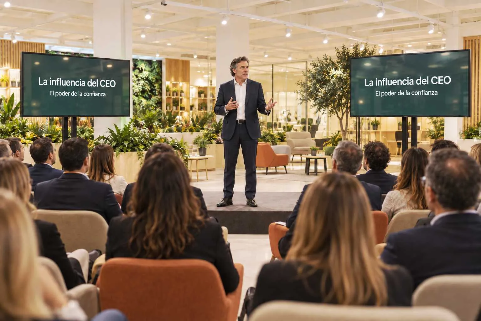 Un ponente se dirige a un auditorio de directivos en un evento empresarial